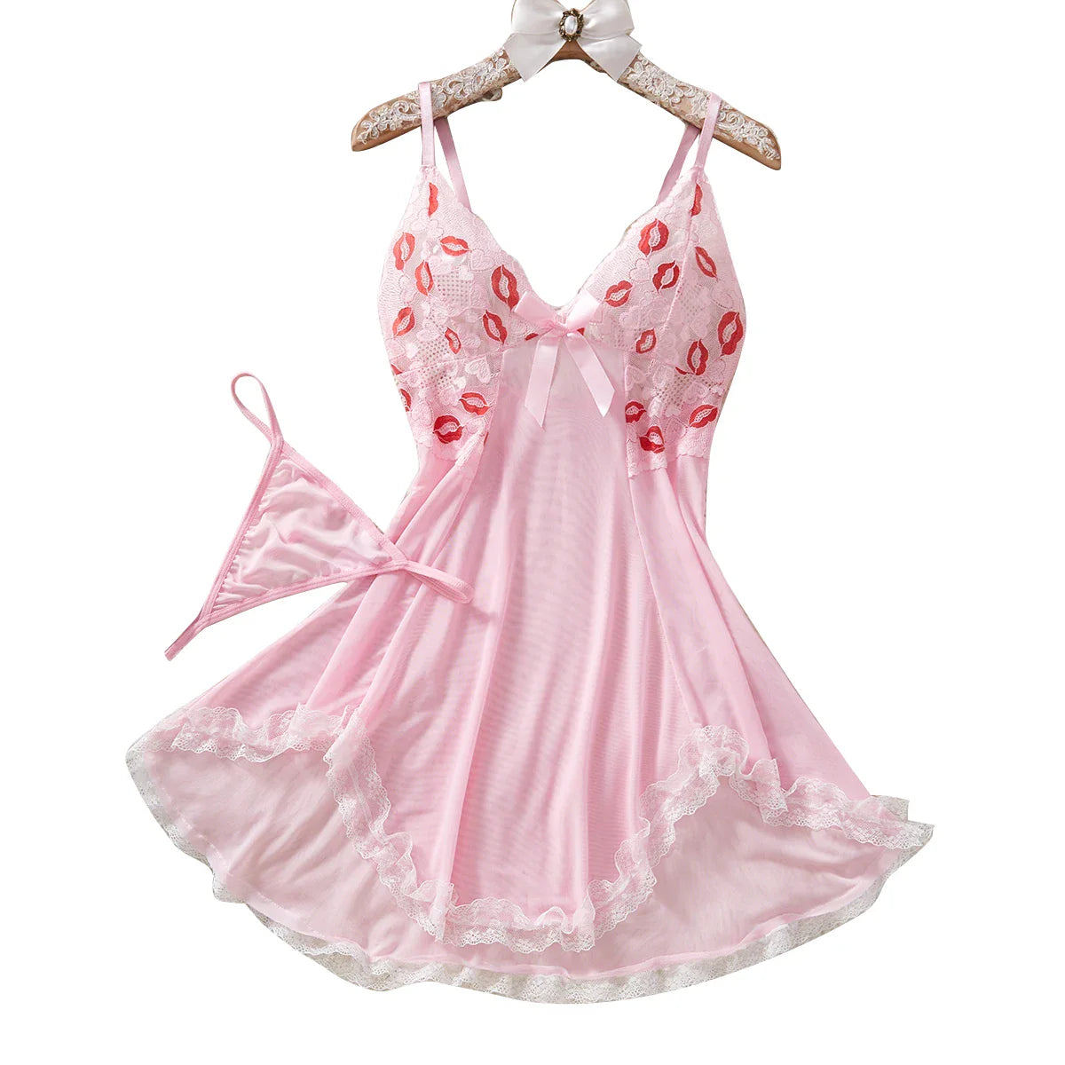 Pink Lips Underwear Dress Lace Nightdress Sleepwear Soft Pajamas With Thongs