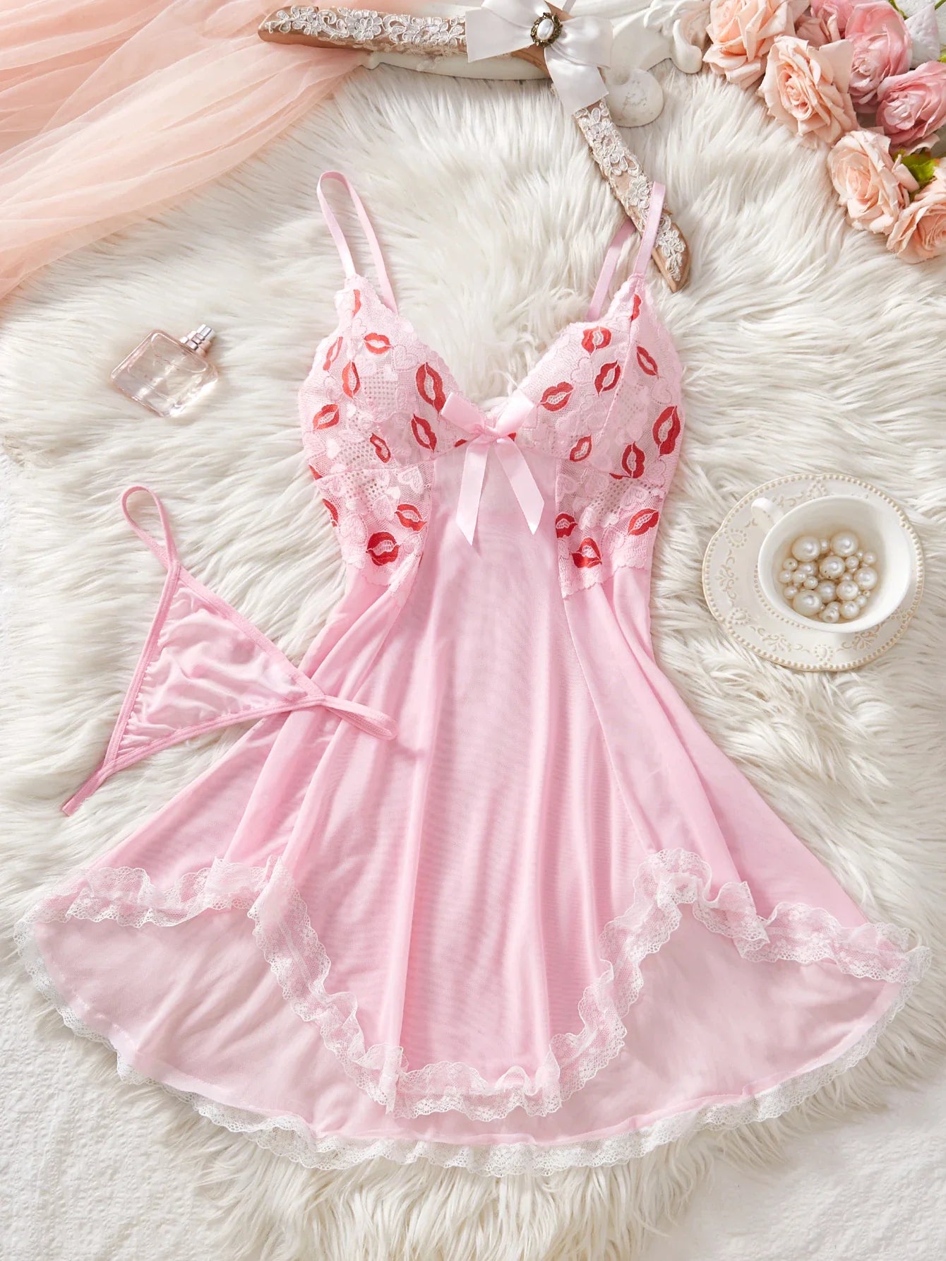 Pink Lips Underwear Dress Lace Nightdress Sleepwear Soft Pajamas With Thongs