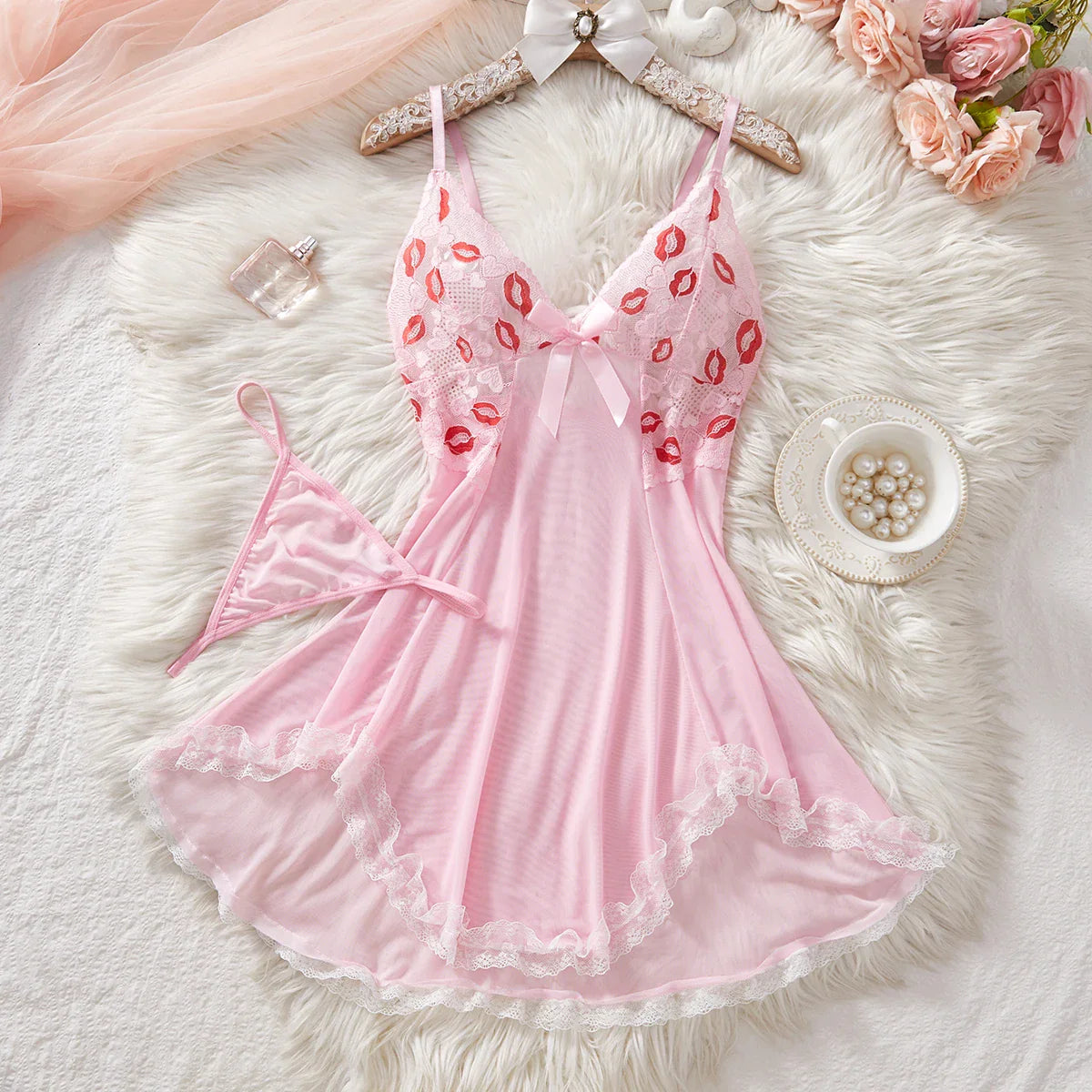 Pink Lips Underwear Dress Lace Nightdress Sleepwear Soft Pajamas With Thongs