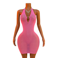Pink Mesh Halter Neck Open Back V-Neck Hip Crotchless Sleepwear See-Through Lingerie Daring Teddy Doll Nightdress