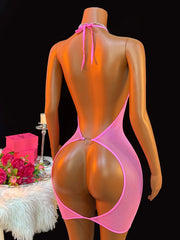 Pink Mesh Halter Neck Open Back V-Neck Hip Crotchless Sleepwear See-Through Lingerie Daring Teddy Doll Nightdress
