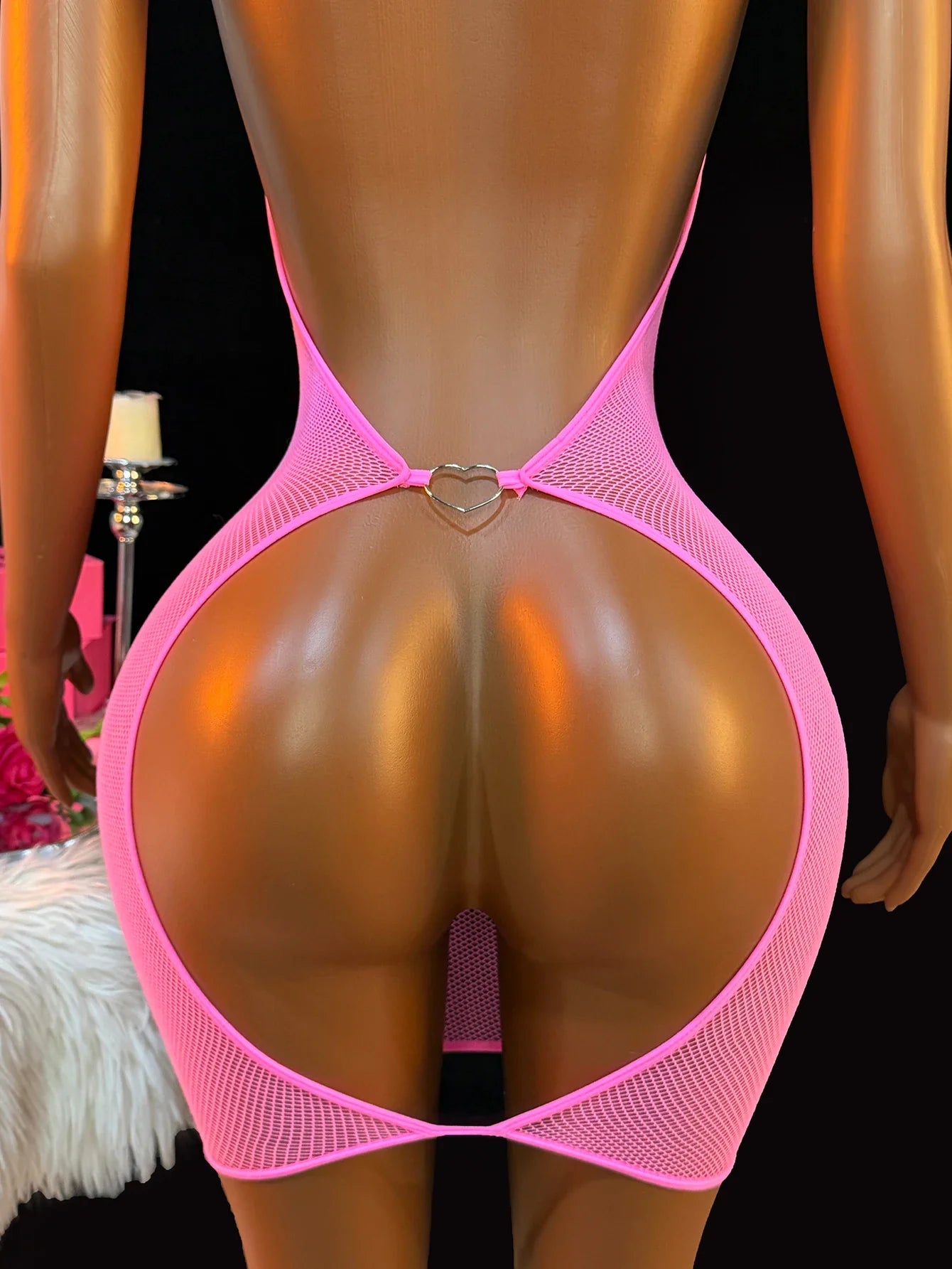 Pink Mesh Halter Neck Open Back V-Neck Hip Crotchless Sleepwear See-Through Lingerie Daring Teddy Doll Nightdress