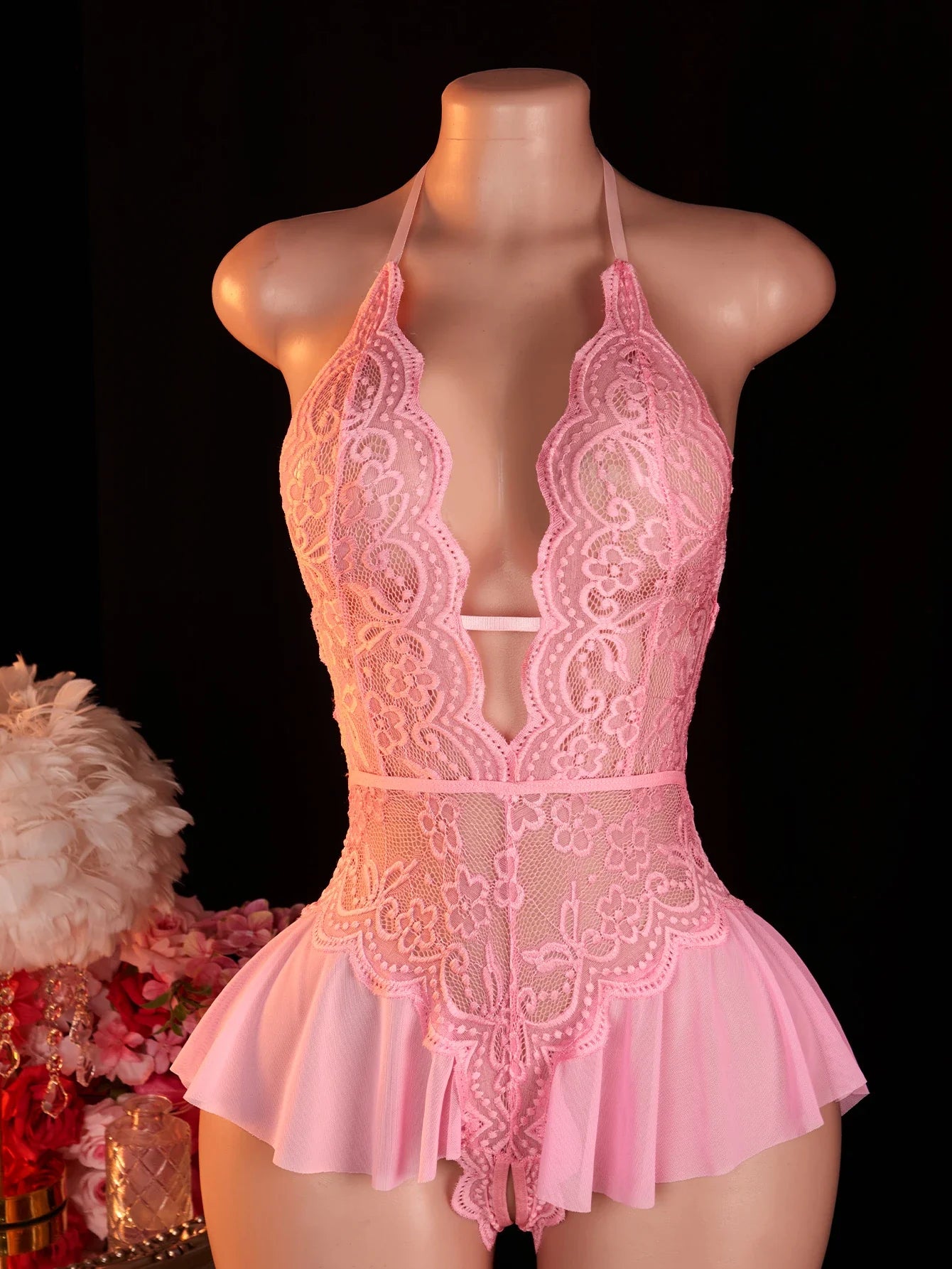 Pink Lace Bodysuits Crotchless Deep V Open Teddy Babydoll Sheer Sleepwear Elegant & Seductive Erotic Lingerie
