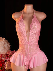 Pink Lace Bodysuits Crotchless Deep V Open Teddy Babydoll Sheer Sleepwear Elegant & Seductive Erotic Lingerie