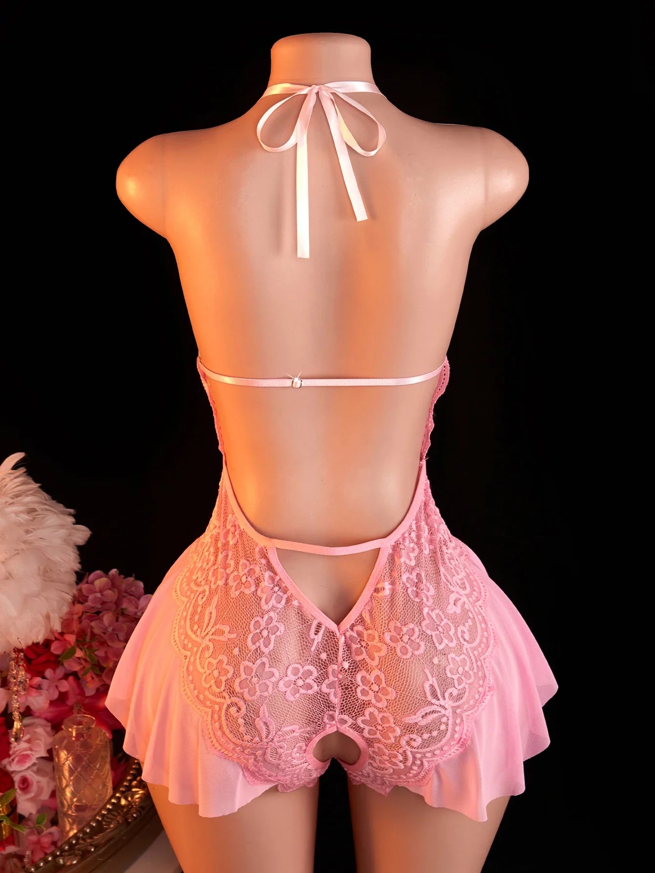 Pink Lace Bodysuits Crotchless Deep V Open Teddy Babydoll Sheer Sleepwear Elegant & Seductive Erotic Lingerie
