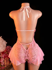 Pink Lace Bodysuits Crotchless Deep V Open Teddy Babydoll Sheer Sleepwear Elegant & Seductive Erotic Lingerie