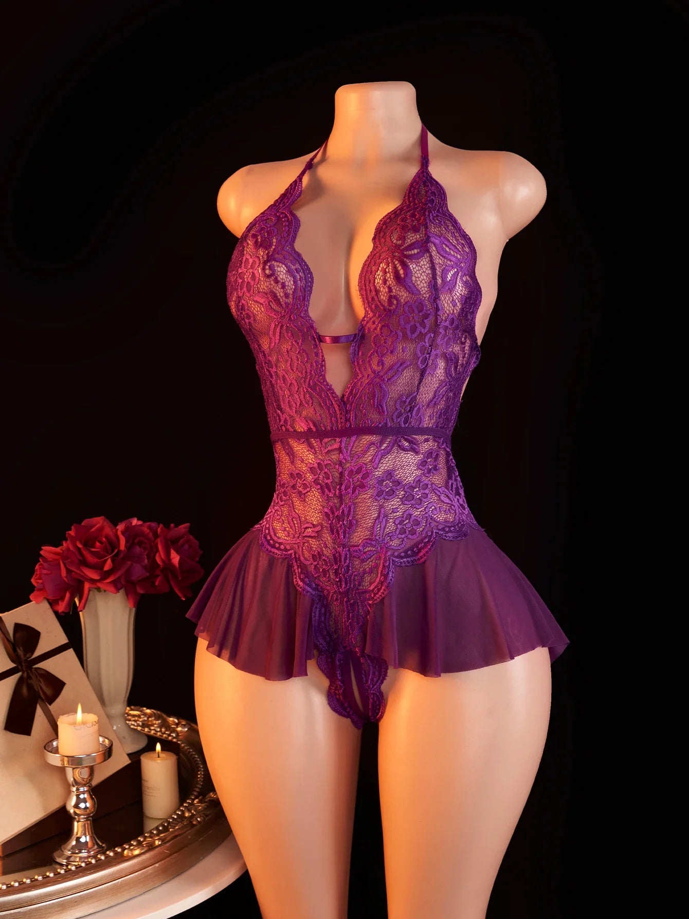 Pink Lace Bodysuits Crotchless Deep V Open Teddy Babydoll Sheer Sleepwear Elegant & Seductive Erotic Lingerie