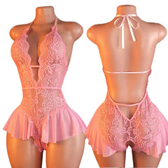 Pink Lace Bodysuits Crotchless Deep V Open Teddy Babydoll Sheer Sleepwear Elegant & Seductive Erotic Lingerie