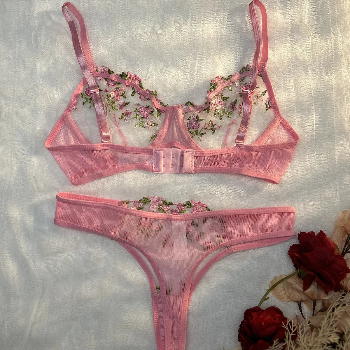 Pink Lingerie Woman Lace Transparent Underwear Fairy Embroidery Brief Sets Delicate Bra Panties Kits Erotic Breves Sets