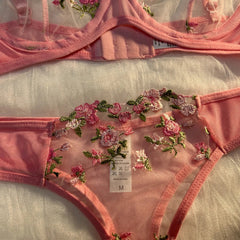 Pink Lingerie Woman Lace Transparent Underwear Fairy Embroidery Brief Sets Delicate Bra Panties Kits Erotic Breves Sets