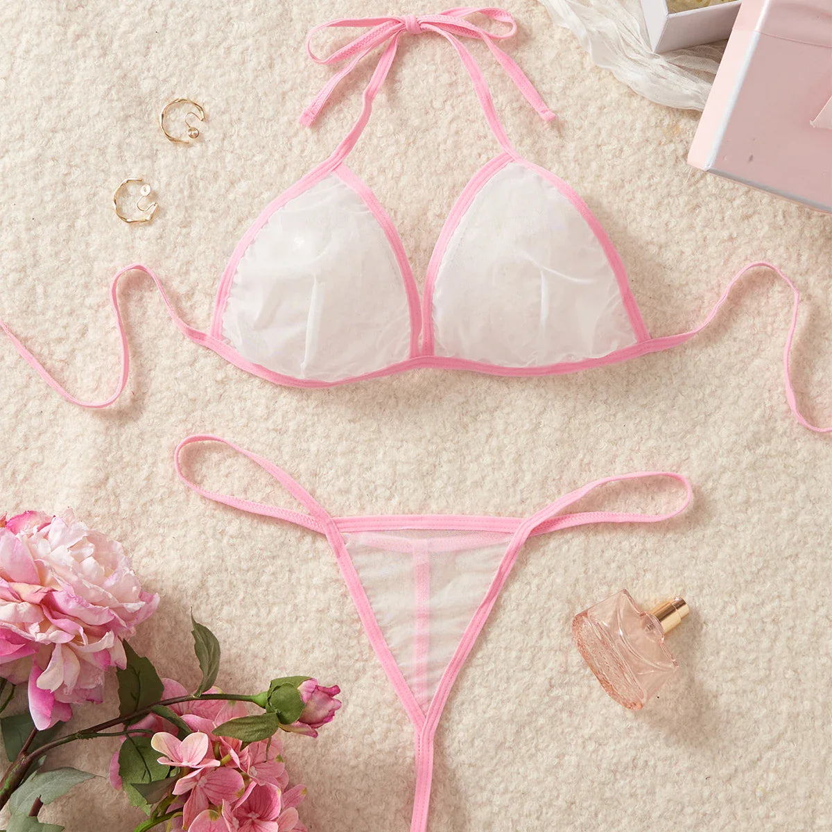 Pink Transparent Mesh Bikini Set See Through Cups Female Lingerie Underwear