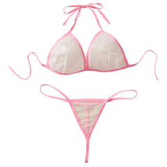 Pink Transparent Mesh Bikini Set See Through Cups Female Lingerie Underwear