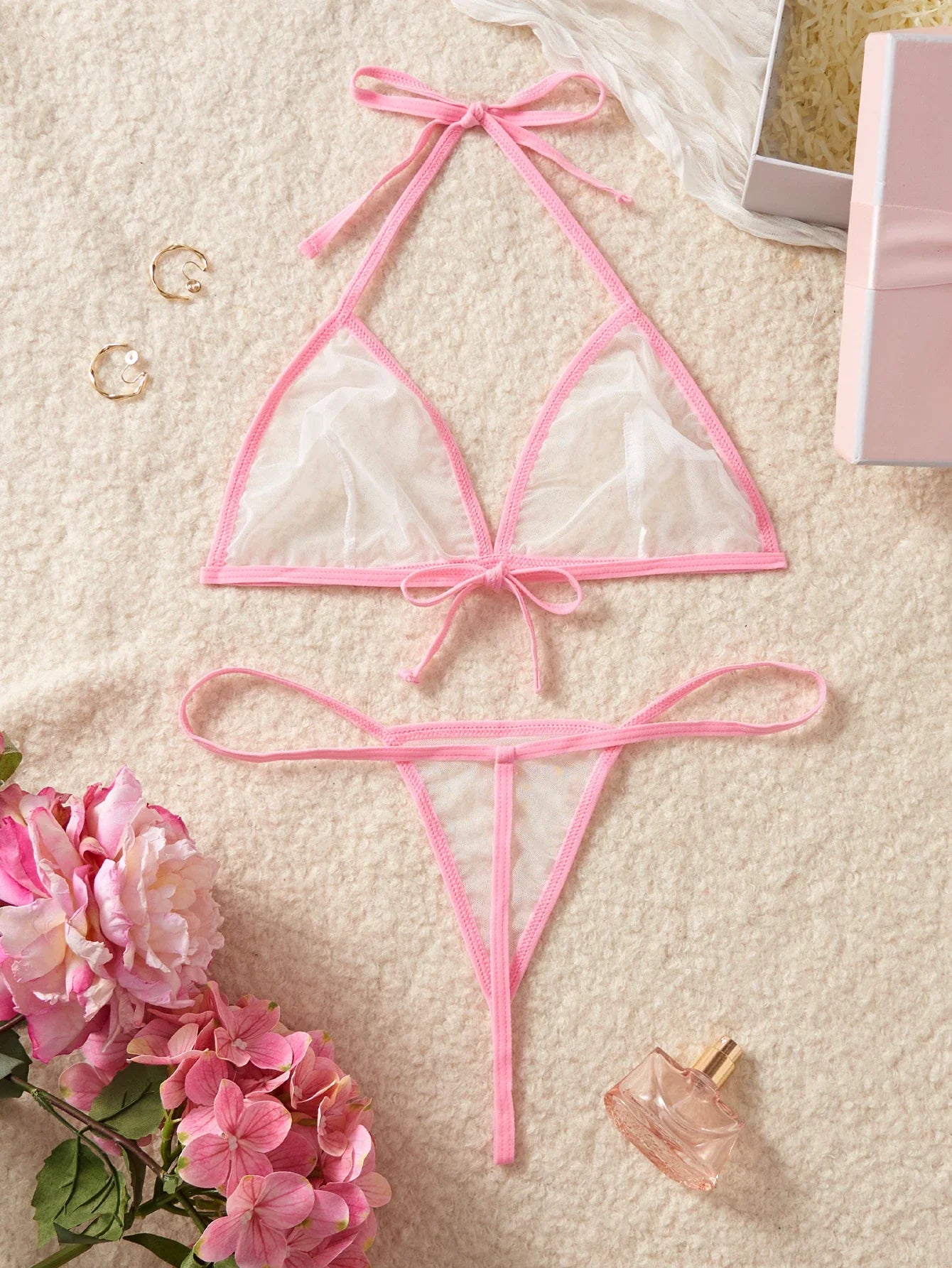 Pink Transparent Mesh Bikini Set See Through Cups Female Lingerie Underwear