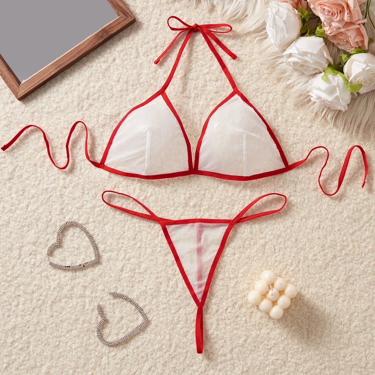 Pink Transparent Mesh Bikini Set See Through Cups Female Lingerie Underwear