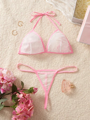 Pink Transparent Mesh Bikini Set See Through Cups Female Lingerie Underwear