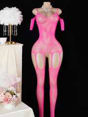 Pink Transparent Lingerie Porn Bodystockings Crotchless Hollow Out Sheer Fishnet Bodysuit Underwear Erotic Costume