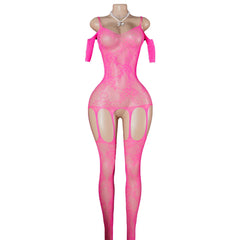 Pink Transparent Lingerie Porn Bodystockings Crotchless Hollow Out Sheer Fishnet Bodysuit Underwear Erotic Costume