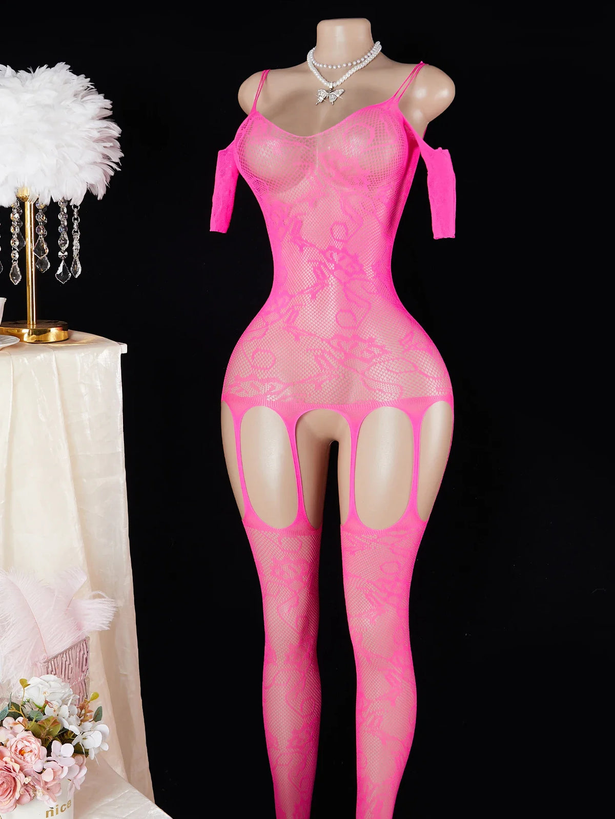 Pink Transparent Lingerie Porn Bodystockings Crotchless Hollow Out Sheer Fishnet Bodysuit Underwear Erotic Costume