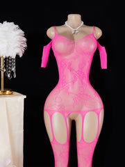 Pink Transparent Lingerie Porn Bodystockings Crotchless Hollow Out Sheer Fishnet Bodysuit Underwear Erotic Costume