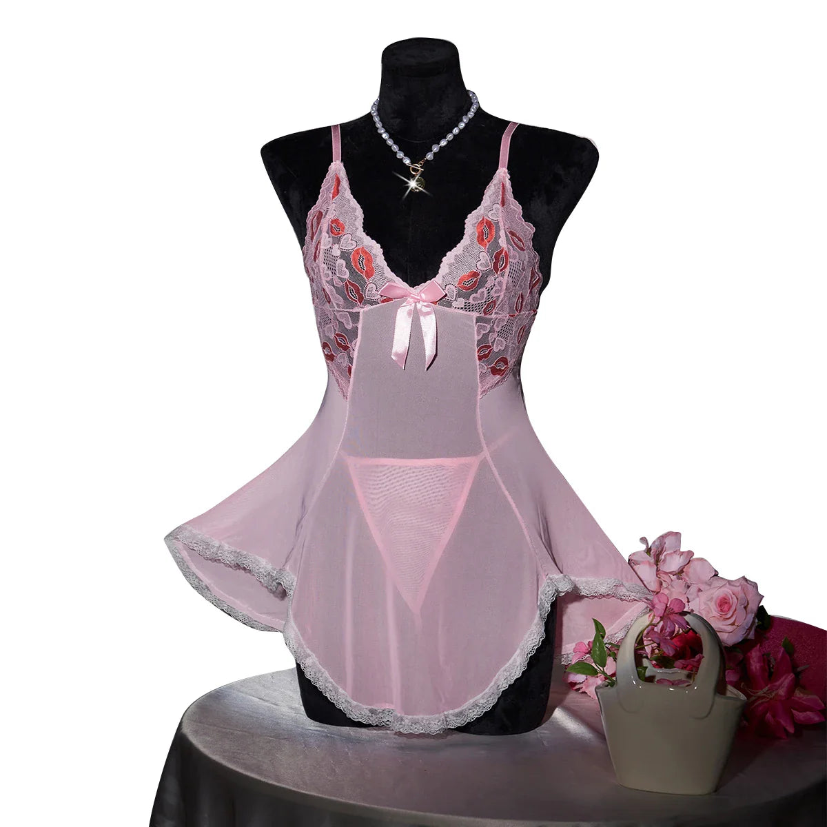 Pink Transparent Ultra Thin Nightgown Pajamas With Thongs Lace Mesh Dress