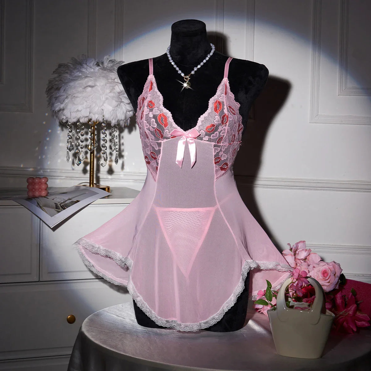 Pink Transparent Ultra Thin Nightgown Pajamas With Thongs Lace Mesh Dress