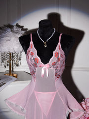 Pink Transparent Ultra Thin Nightgown Pajamas With Thongs Lace Mesh Dress