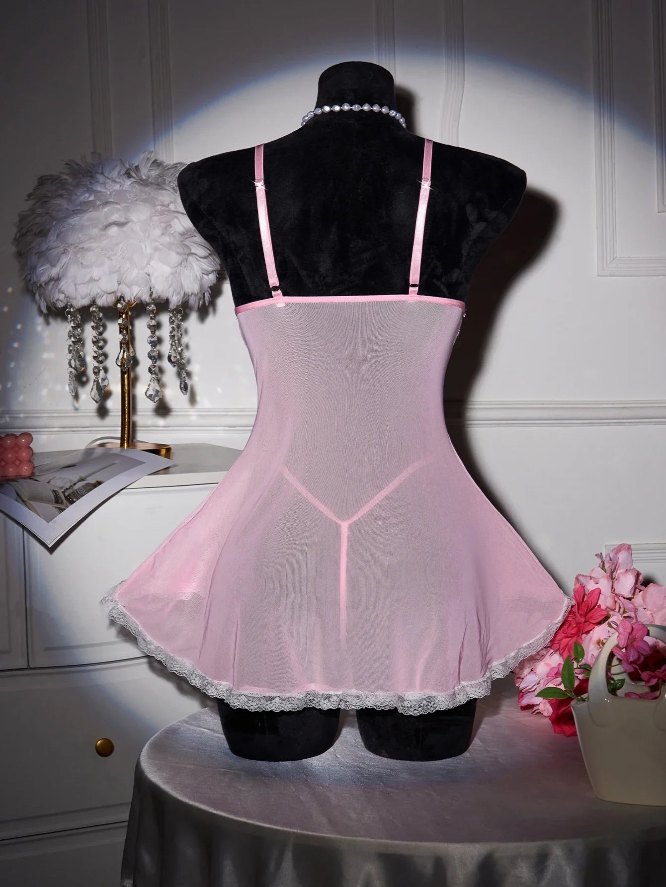 Pink Transparent Ultra Thin Nightgown Pajamas With Thongs Lace Mesh Dress