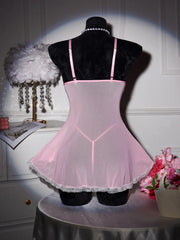 Pink Transparent Ultra Thin Nightgown Pajamas With Thongs Lace Mesh Dress