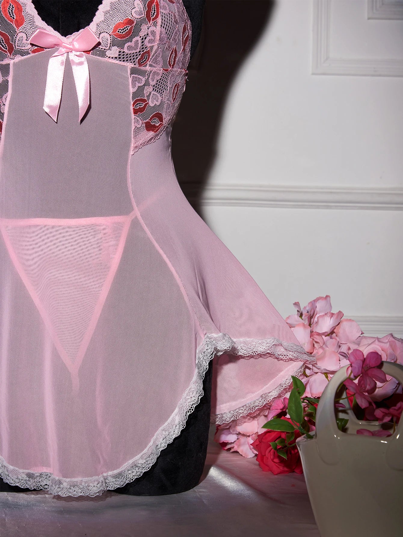 Pink Transparent Ultra Thin Nightgown Pajamas With Thongs Lace Mesh Dress