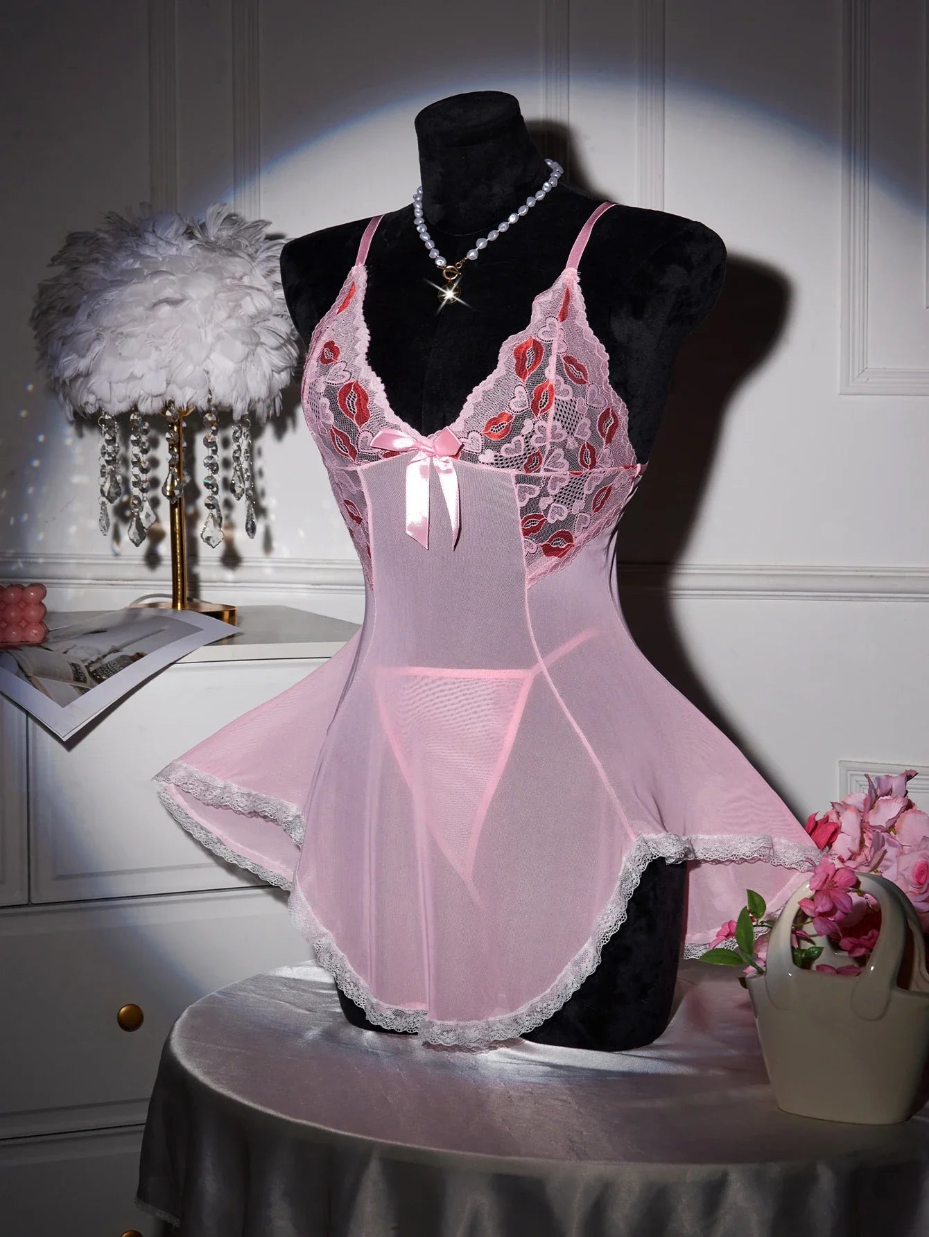 Pink Transparent Ultra Thin Nightgown Pajamas With Thongs Lace Mesh Dress