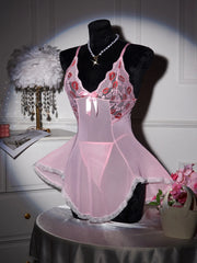 Pink Transparent Ultra Thin Nightgown Pajamas With Thongs Lace Mesh Dress