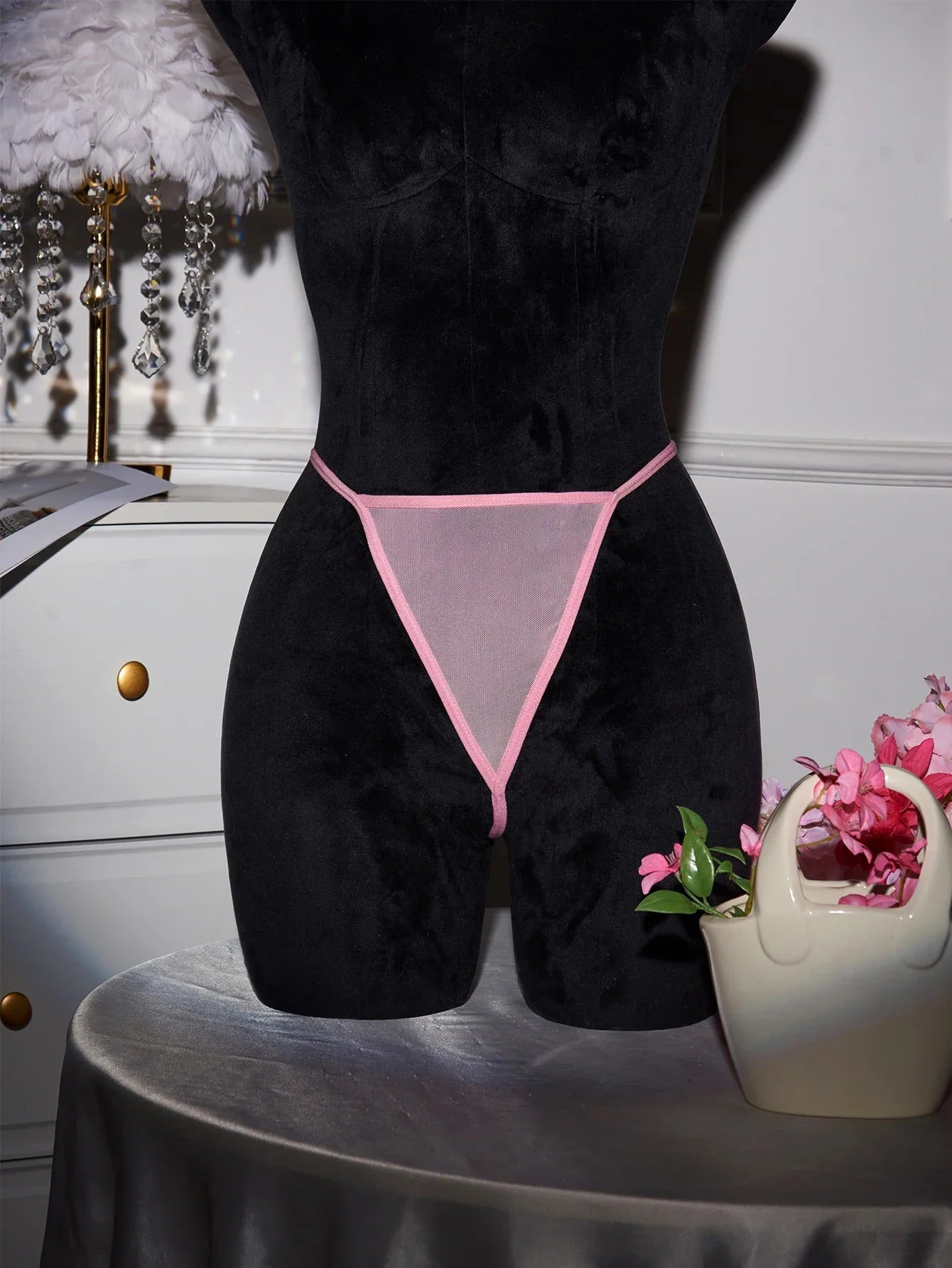 Pink Transparent Ultra Thin Nightgown Pajamas With Thongs Lace Mesh Dress