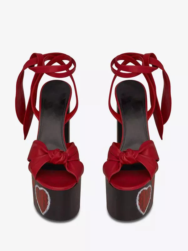 Elegant Platform Knotted Solid Color Lace Up Chunky High Heel