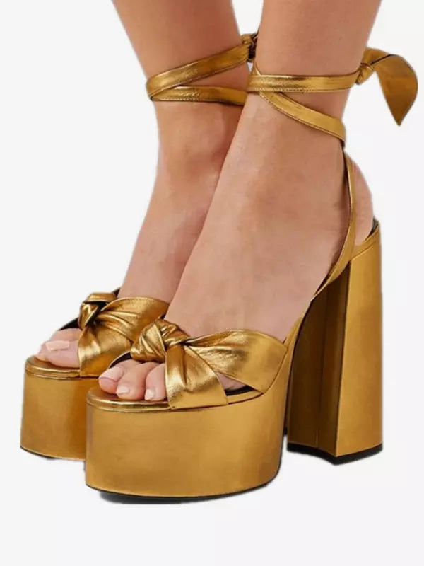 Casual Platform Knotted Lace Up Chunky High Heel