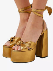 Casual Platform Knotted Lace Up Chunky High Heel
