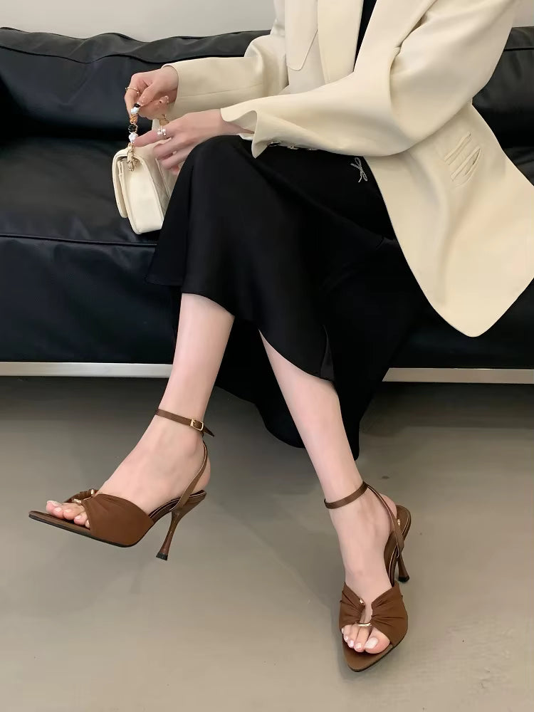 Pleated Hollow Out Buckle Strap Pointed Toe Thin High Heels