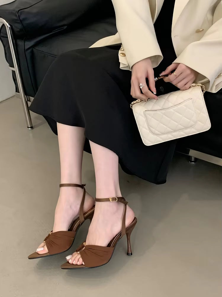 Pleated Hollow Out Buckle Strap Pointed Toe Thin High Heels