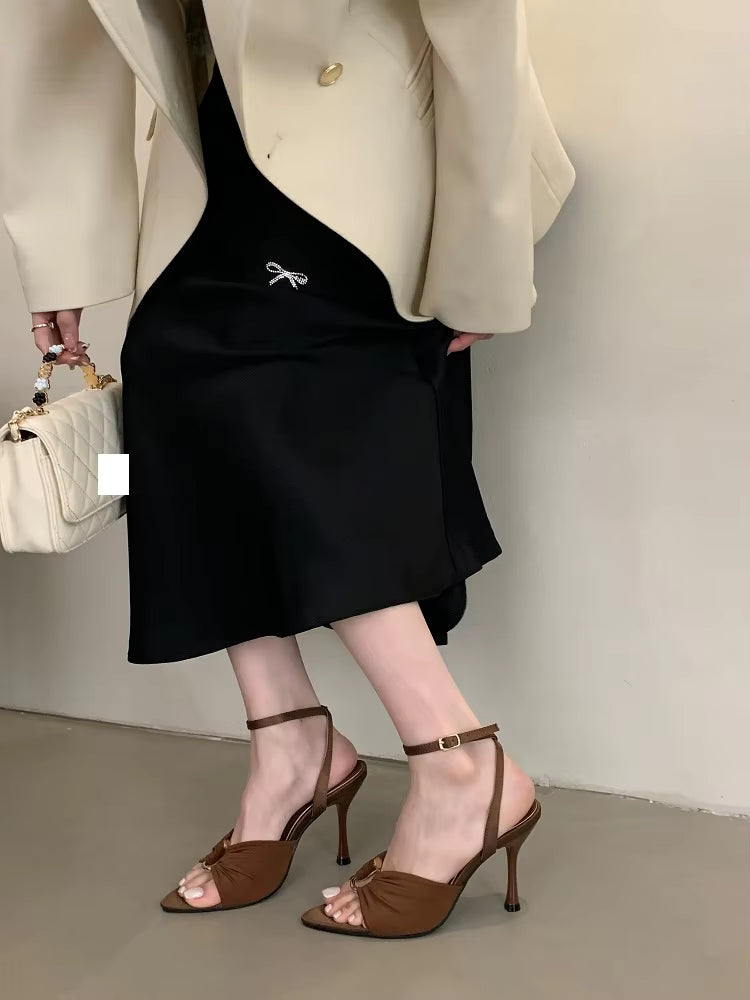 Pleated Hollow Out Buckle Strap Pointed Toe Thin High Heels