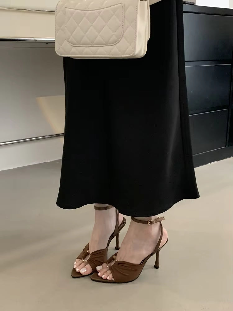 Pleated Hollow Out Buckle Strap Pointed Toe Thin High Heels