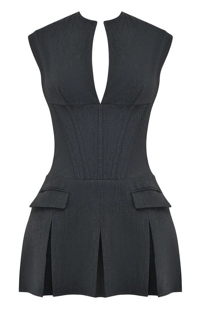 Pleated A Line Dress Charcoal