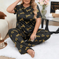 Plus Size 3XL 4XL 5XL Sleepwear Heart Letters Print Pajamas Set Casual Short-Sleeve Top and Pants Loungewear
