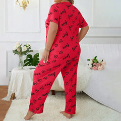 Plus Size 3XL 4XL 5XL Sleepwear Heart Letters Print Pajamas Set Casual Short-Sleeve Top and Pants Loungewear