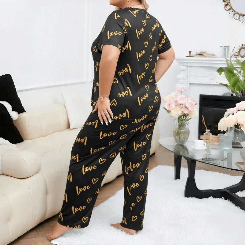 Plus Size 3XL 4XL 5XL Sleepwear Heart Letters Print Pajamas Set Casual Short-Sleeve Top and Pants Loungewear