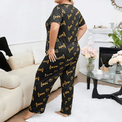 Plus Size 3XL 4XL 5XL Sleepwear Heart Letters Print Pajamas Set Casual Short-Sleeve Top and Pants Loungewear