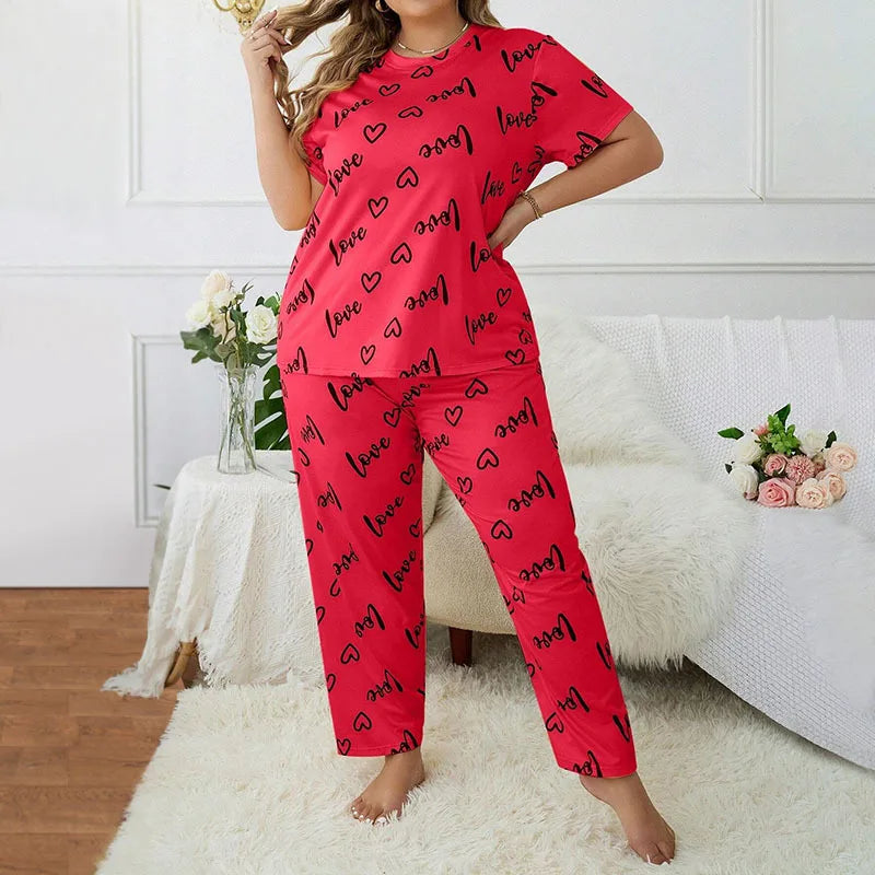 Plus Size 3XL 4XL 5XL Sleepwear Heart Letters Print Pajamas Set Casual Short-Sleeve Top and Pants Loungewear