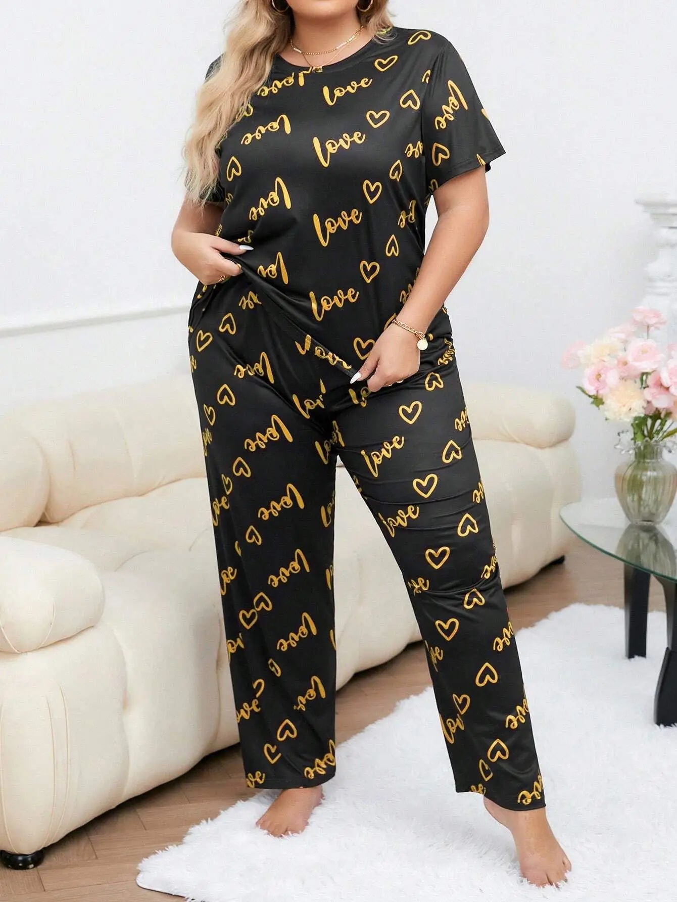 Plus Size 3XL 4XL 5XL Sleepwear Heart Letters Print Pajamas Set Casual Short-Sleeve Top and Pants Loungewear