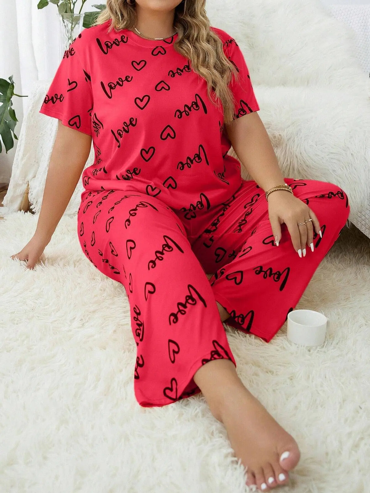 Plus Size 3XL 4XL 5XL Sleepwear Heart Letters Print Pajamas Set Casual Short-Sleeve Top and Pants Loungewear