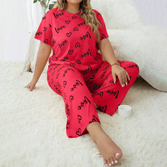 Plus Size 3XL 4XL 5XL Sleepwear Heart Letters Print Pajamas Set Casual Short-Sleeve Top and Pants Loungewear