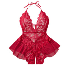 Plus Size 4XL Erotic Backless Deep V Lingerie Transparent Floral Lace Night Dress Teddy Babydoll Crotchless Underwear