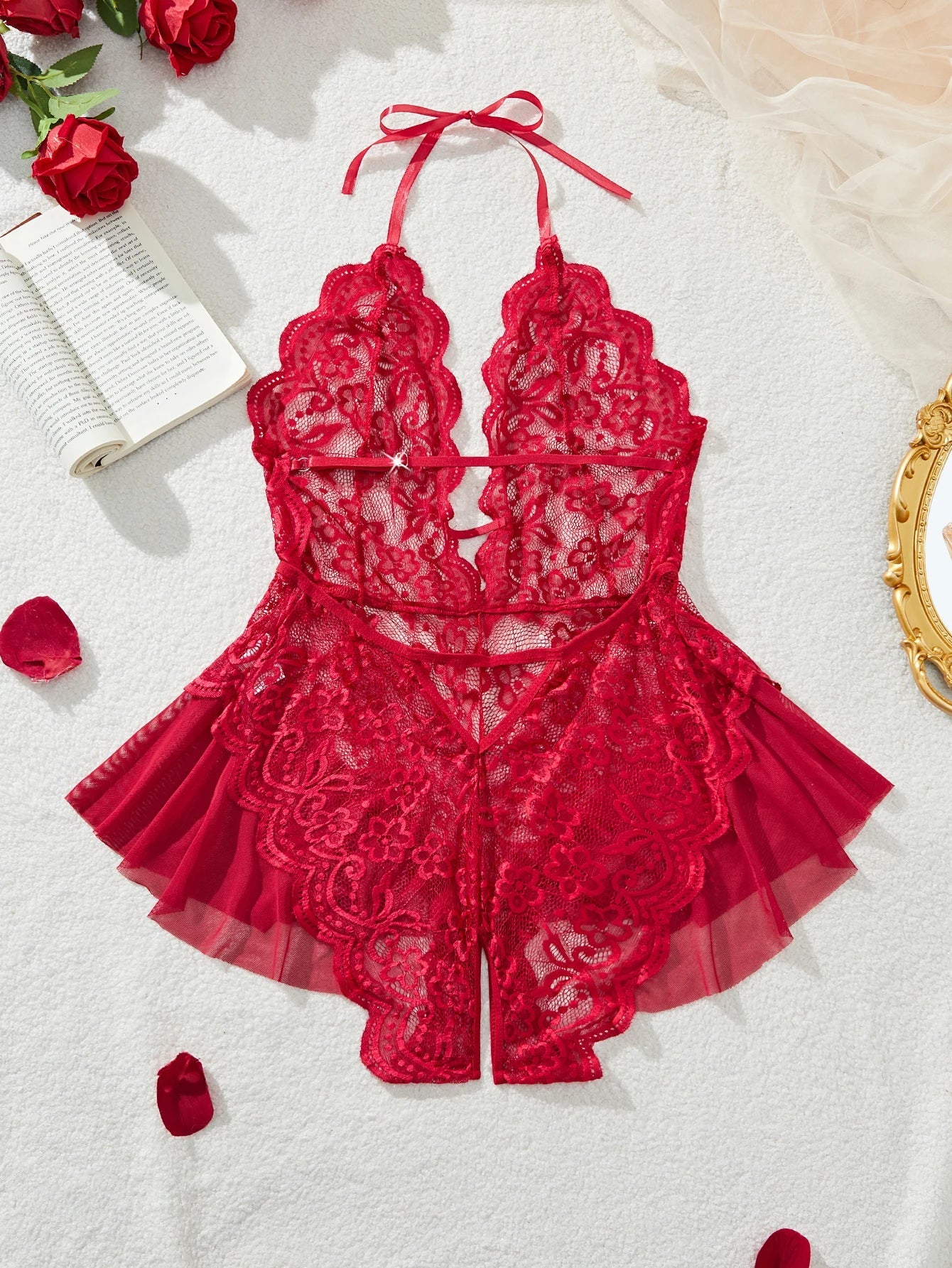 Plus Size 4XL Erotic Backless Deep V Lingerie Transparent Floral Lace Night Dress Teddy Babydoll Crotchless Underwear